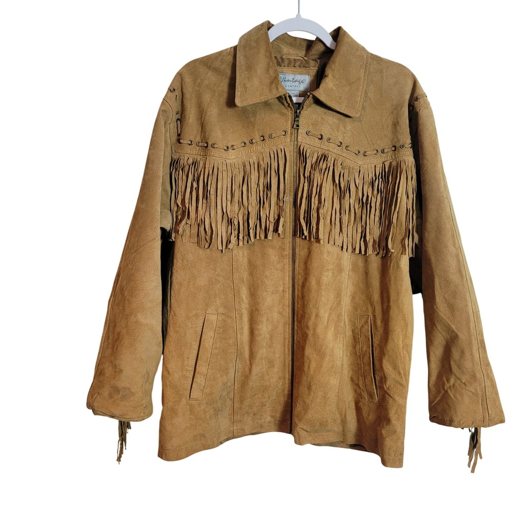 Vintage Leather Tan Suede Fringe Western Jacket Womens Large‎ Full Zip Festival